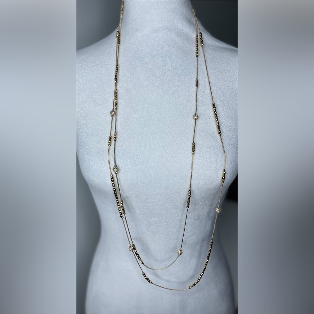 NWT Chico's Gold Tone Multi-Strand (2) Necklace Gold Bead Rhinestone Gift Ready